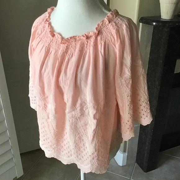 love J Off Shoulder Eyelet Blouse XLARGE Cropped Coral Pink 100% Cotton Romantic - Picture 16 of 16